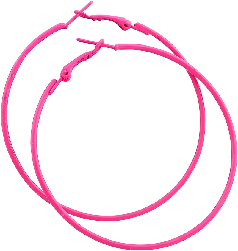 IDB Productions IDB Pink Hoop Earrings for Women, 2.3 Inch (60mm) Classic Stainless Steel Hot Pink Hoops, Elegant and Durable 80's Retro Style - Image 1